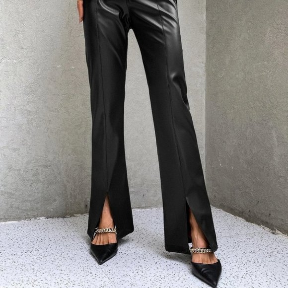 minimalist faux leather leather slit hem flare leg pants black - Picture 5 of 6